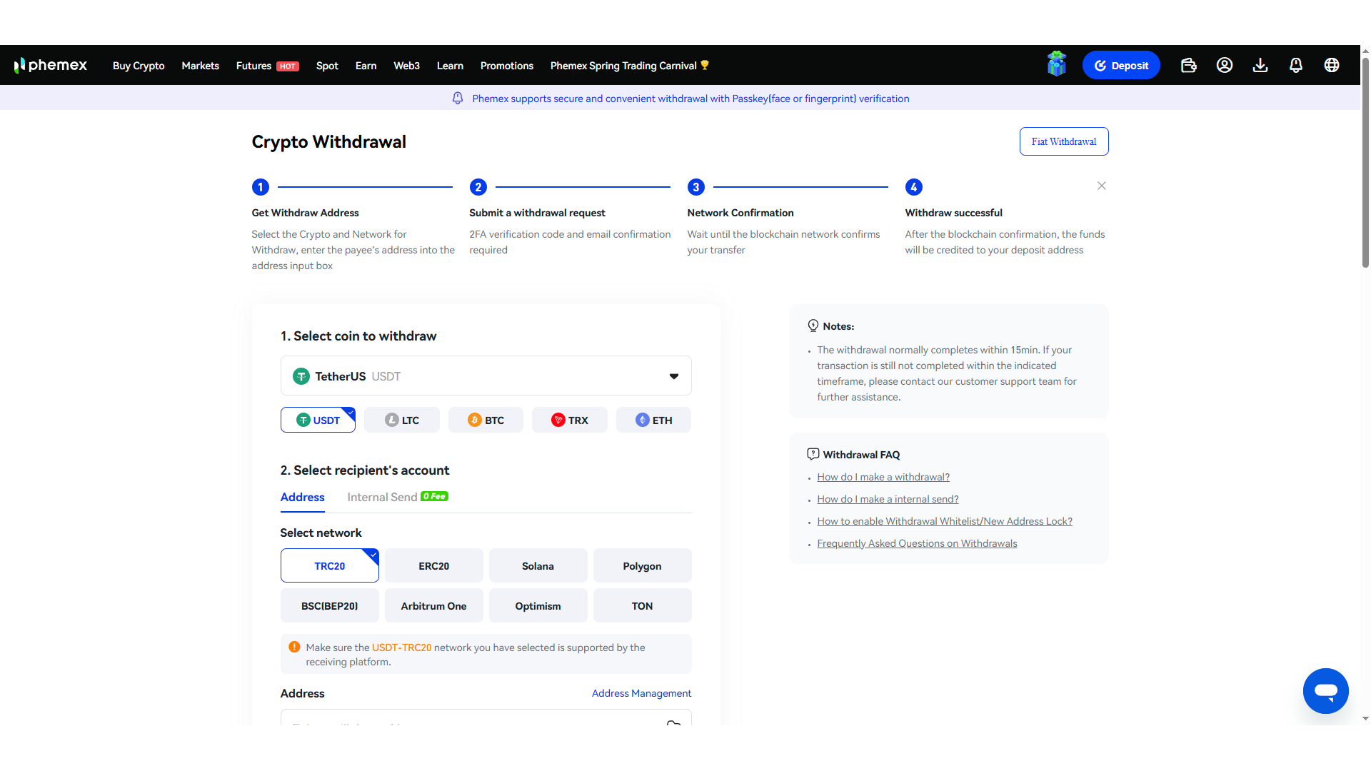 Prelievo di criptovalute su Phemex