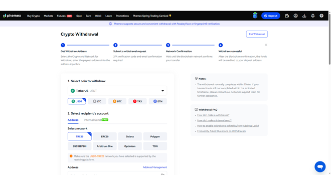 Crypto withdrawal on Phemex