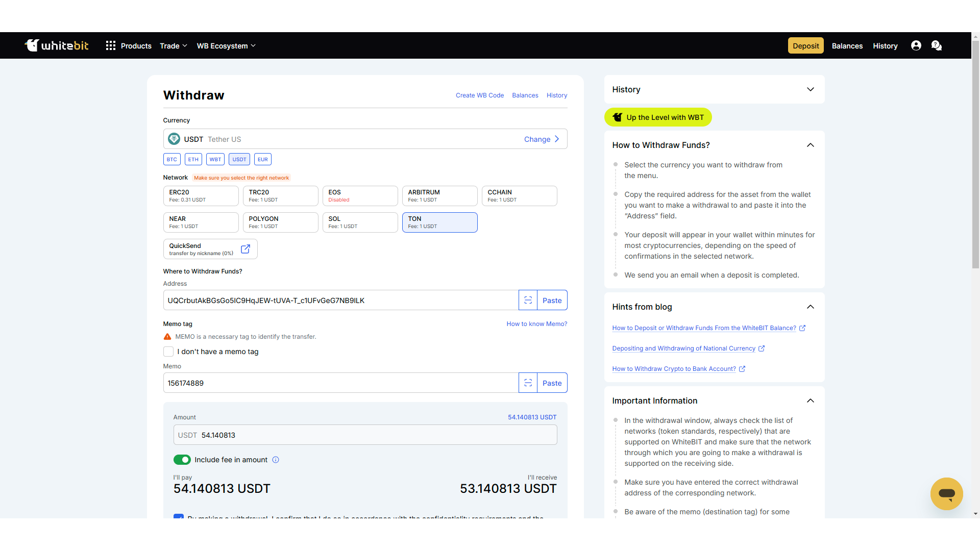 Prelievo di criptovalute su WhiteBIT