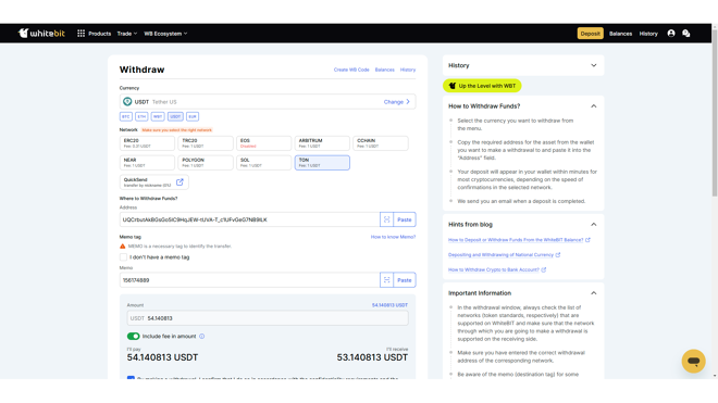 Crypto withdrawal on WhiteBIT