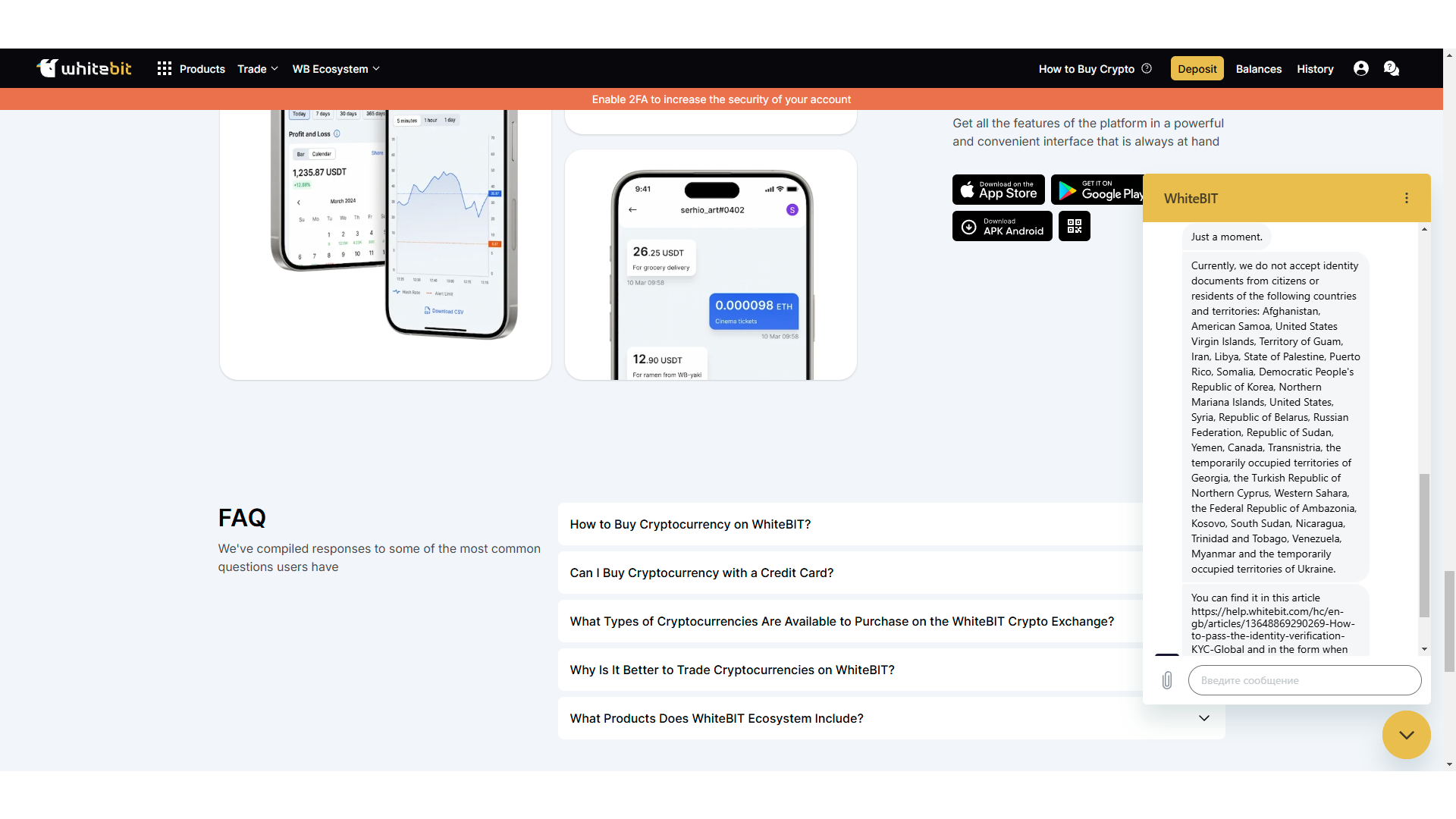 Il servizio clienti WhiteBIT tramite Live Chat
