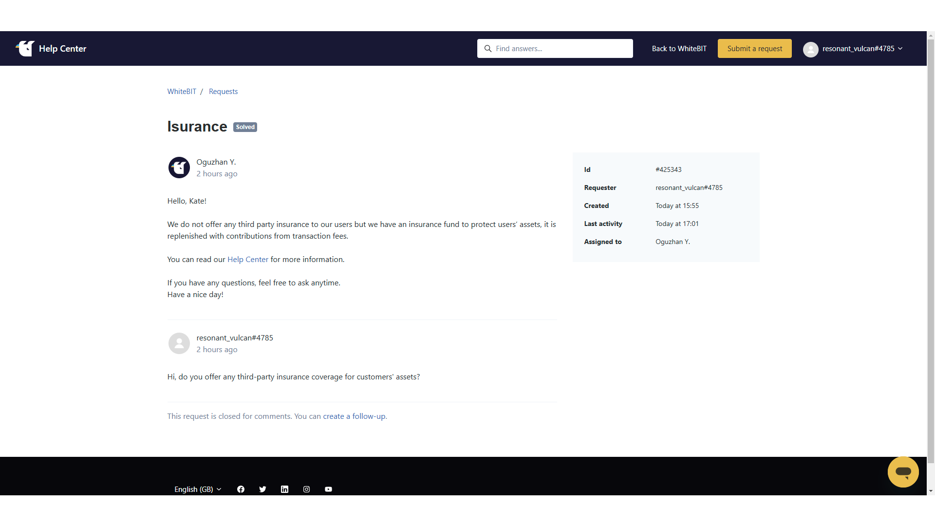 Servizio clienti tramite sistema di ticket su WhiteBIT