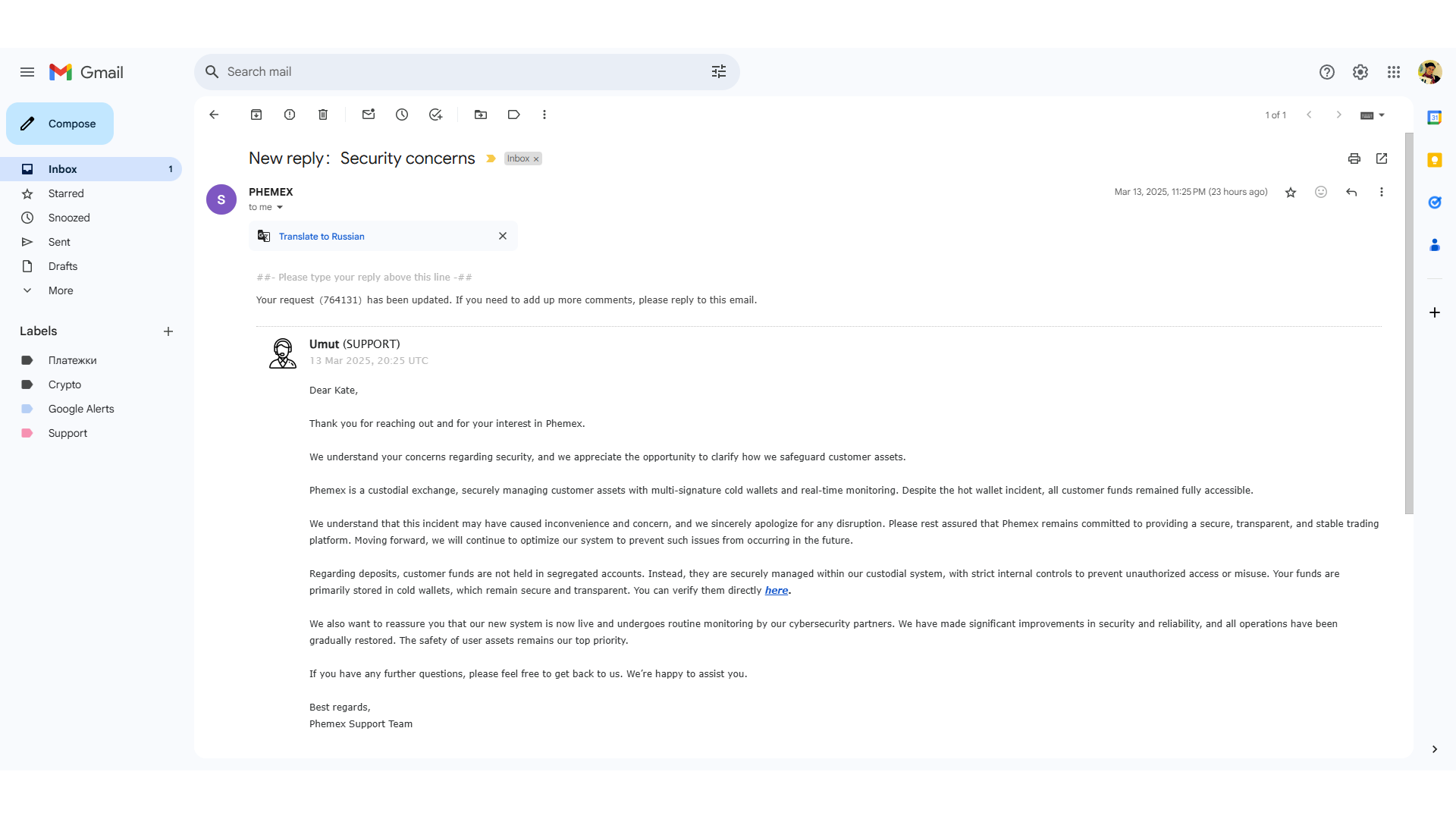 Servizio clienti via email su Phemex
