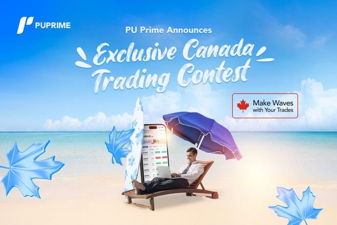 Man on a beach under a parasol using a smartphone, with text 'Exclusive Canada Trading Contest' and Canadian maple leaf imagery. FX Empire