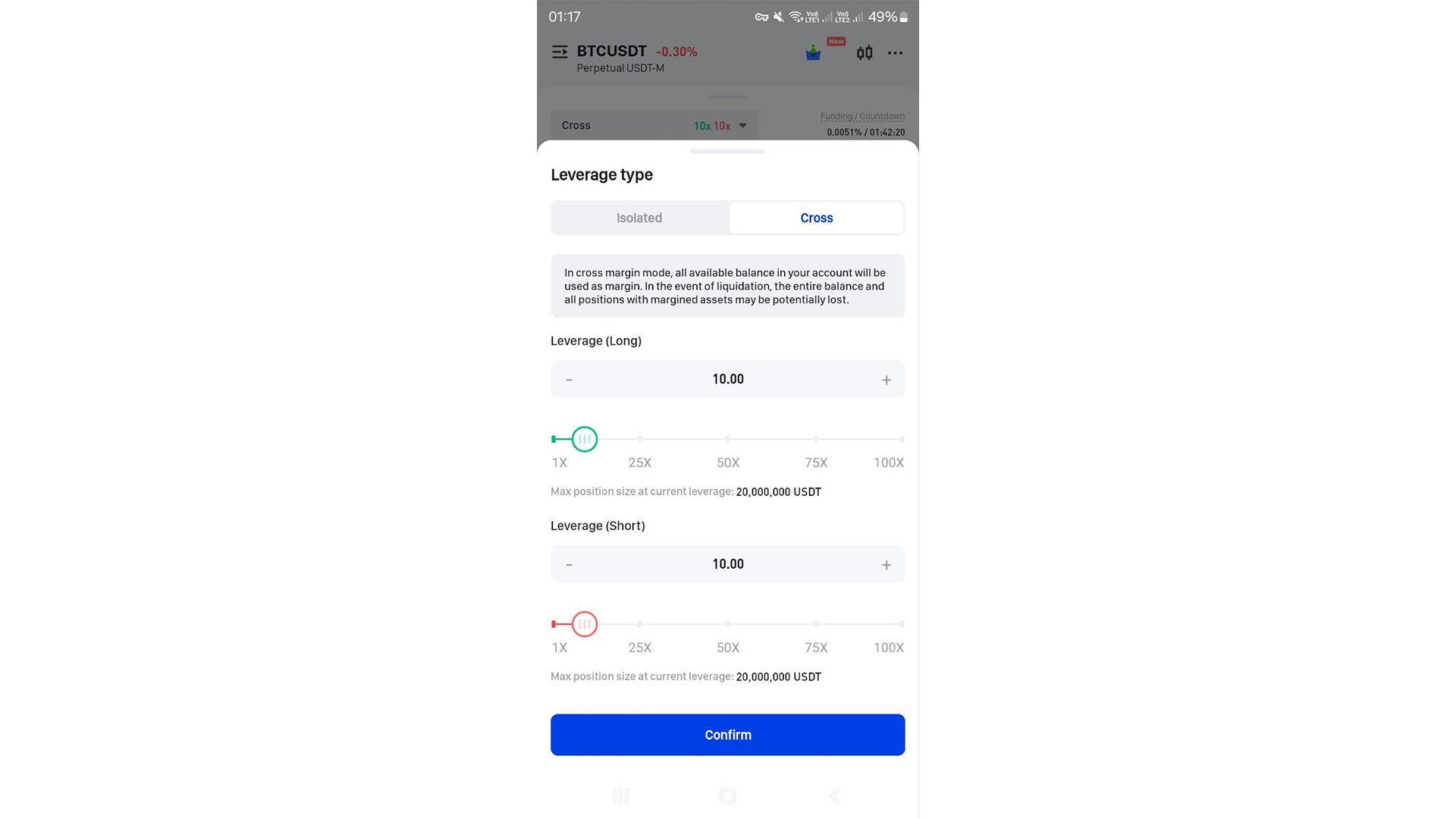 Regolazione della leva sull’app Phemex