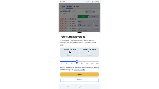 Leverage set-up in WhiteBIT Mobile