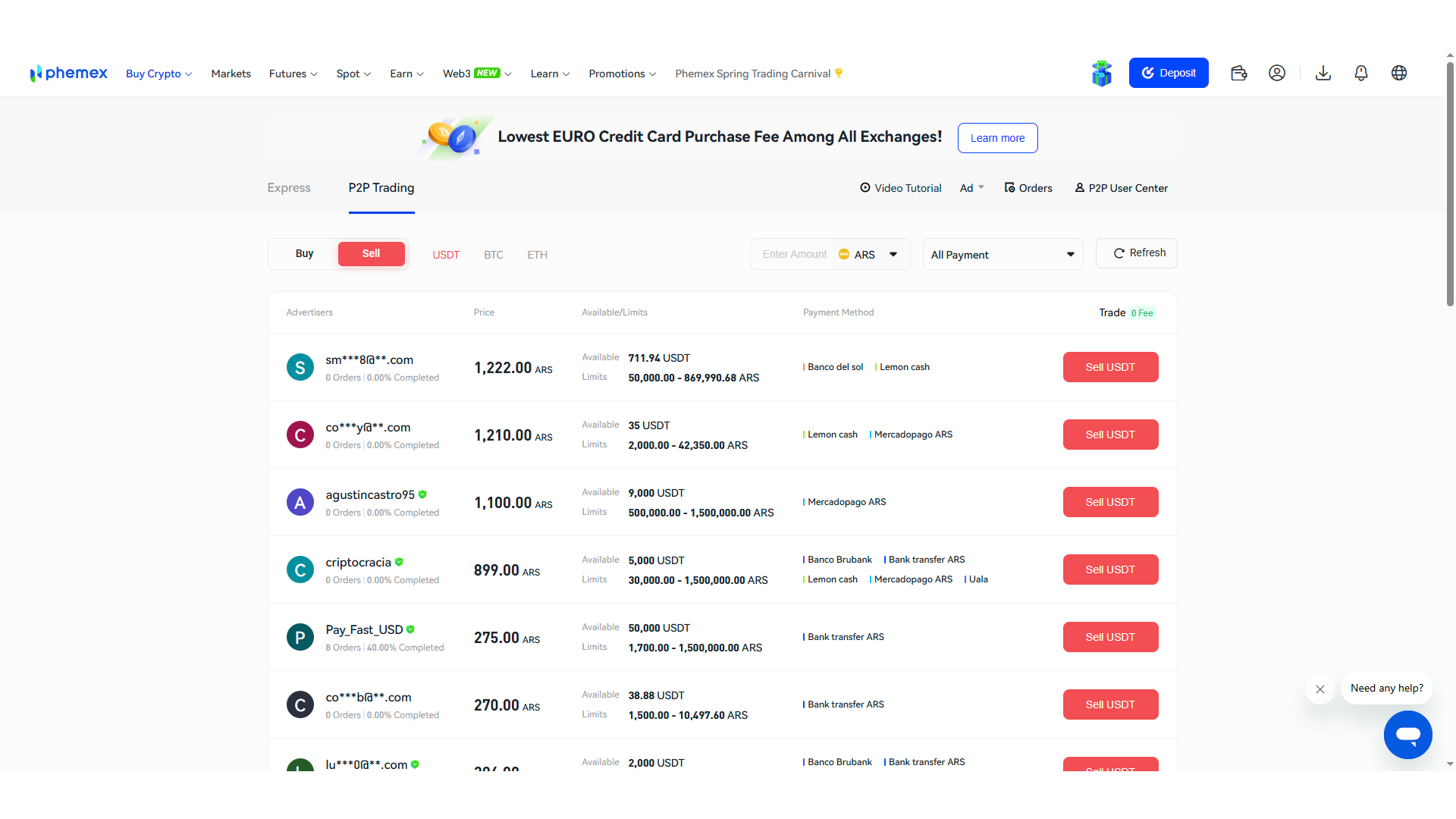 Servizio di trading P2P su Phemex