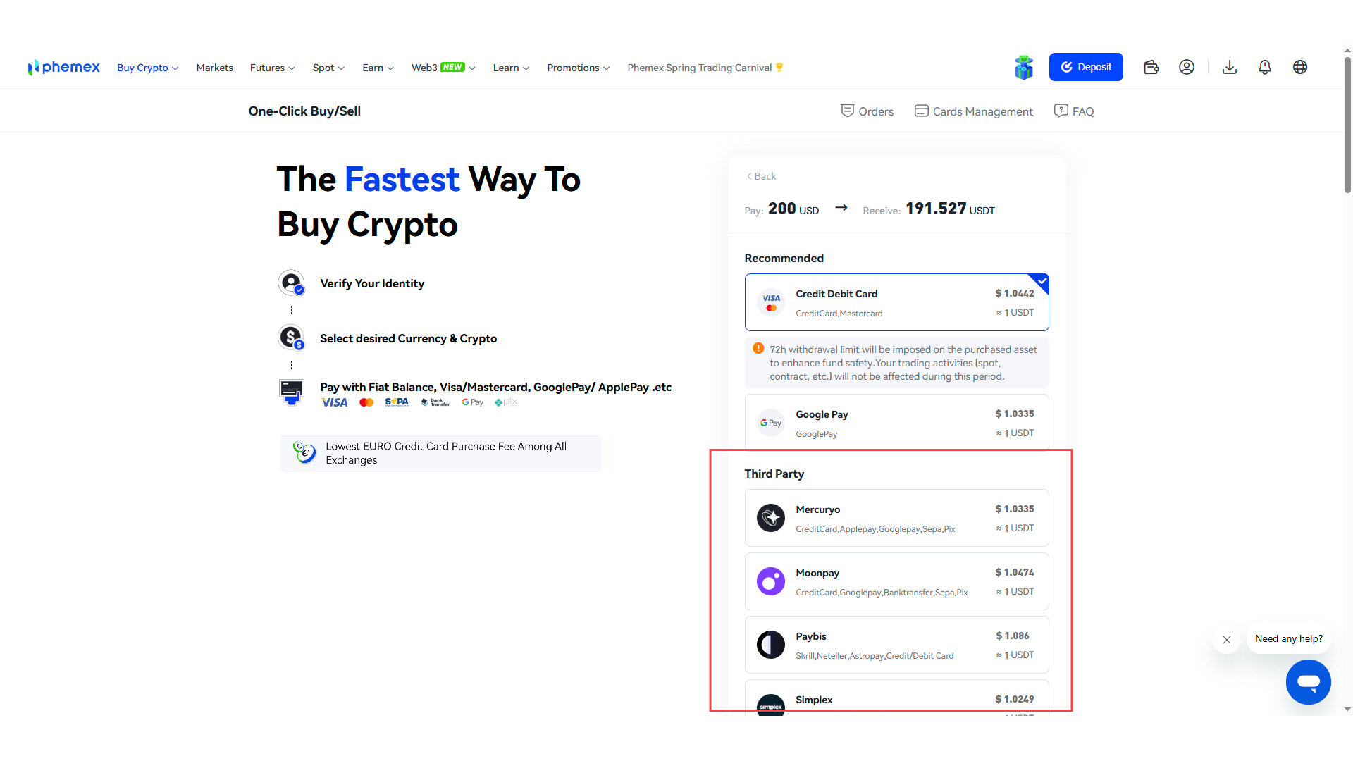 Metodi di pagamento fiat su Phemex