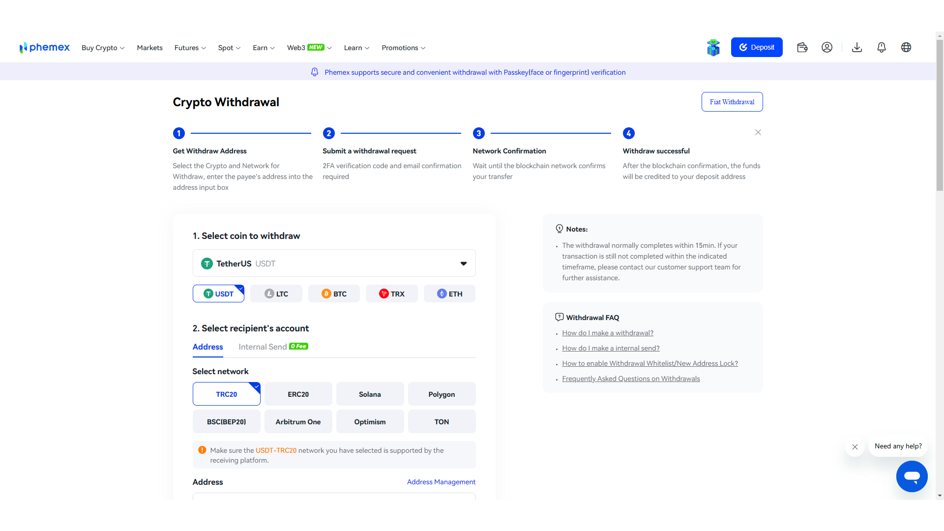 Procedura di prelievo crypto su Phemex