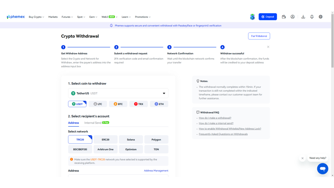 The crypto withdrawal process on Phemex