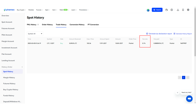 The trading fee on Phemex