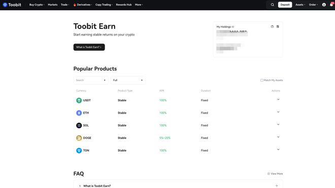 Toobit Staking Services Toobit’s Earn section lets you stake crypto for stable returns, but it’s tucked away under “More,