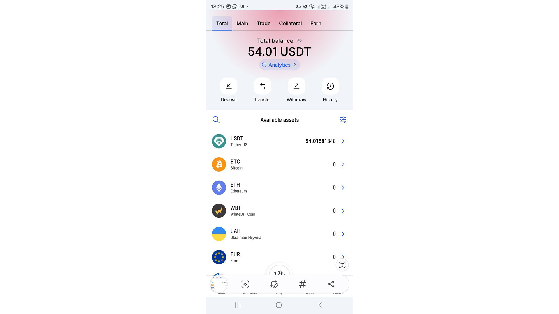 WhiteBIT fornisce una panoramica completa delle criptovalute presenti nel wallet