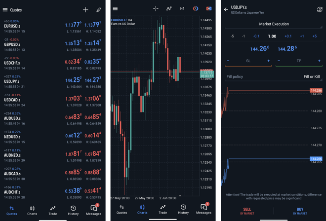 Watchlist of selected instruments (1), chart window (2), order placing window (3)