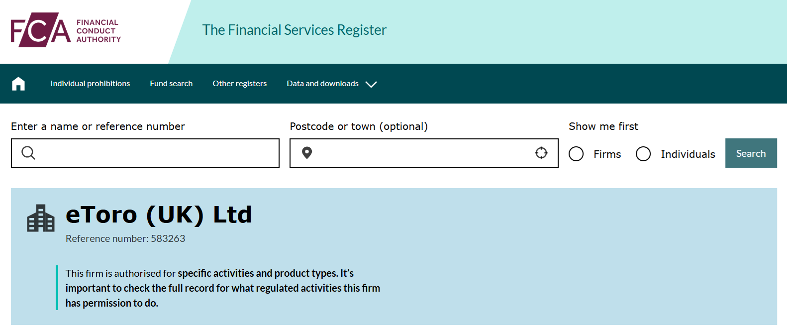 eToro (UK) Ltd’s licensing info at fca.org.uk