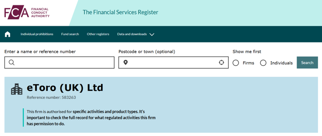 eToro (UK) Ltd’s licensing info at fca.org.uk