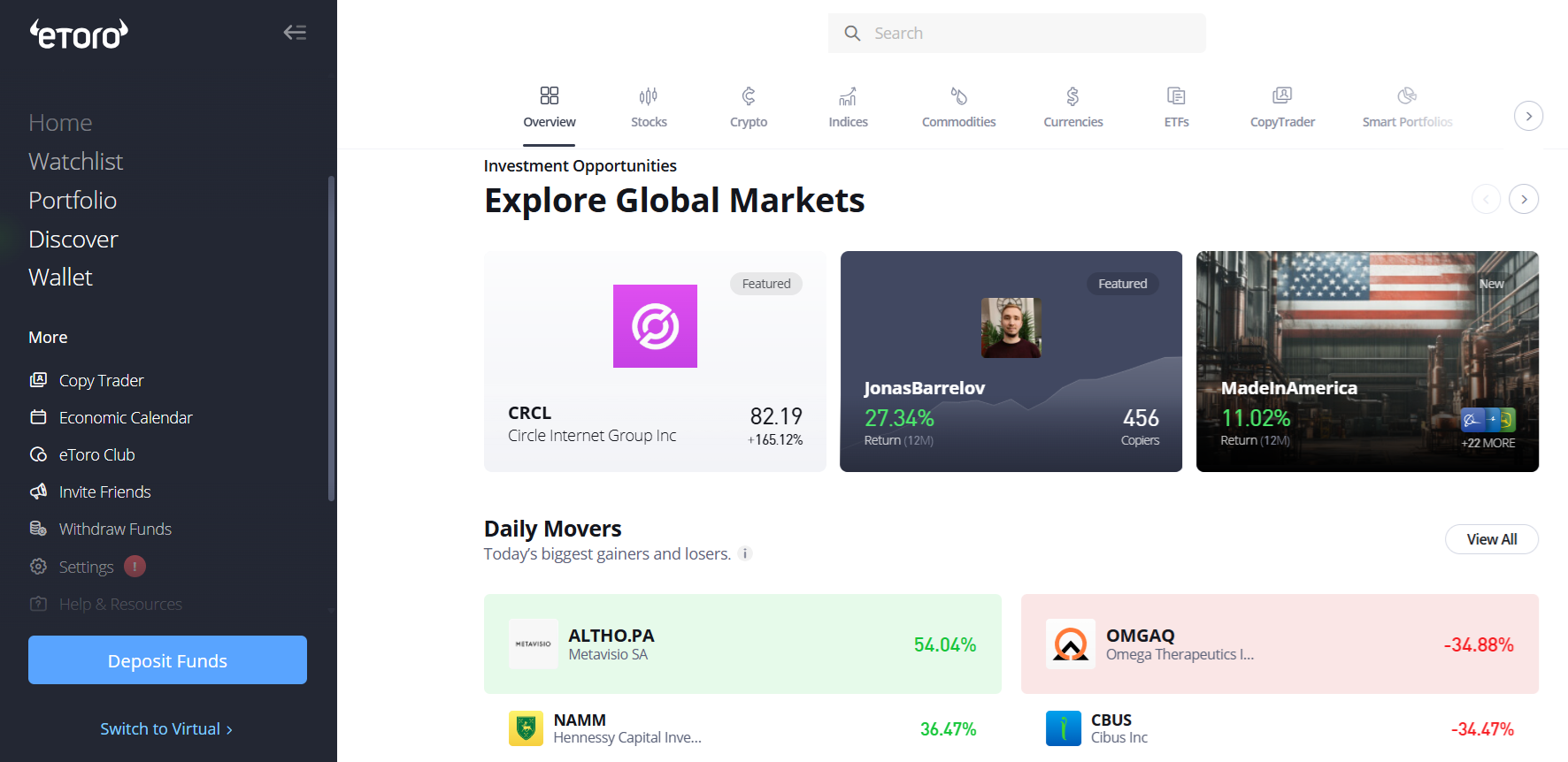 eToro’s client area