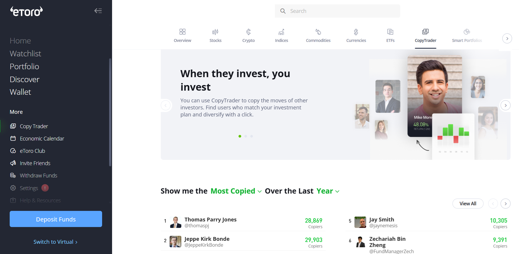 eToro’s copy trading hub