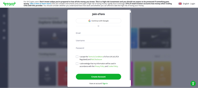eToro’s account registration form