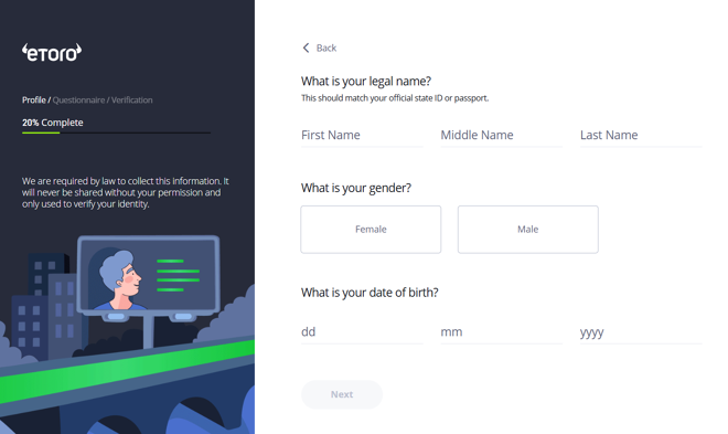 eToro’s account registration form (continued)