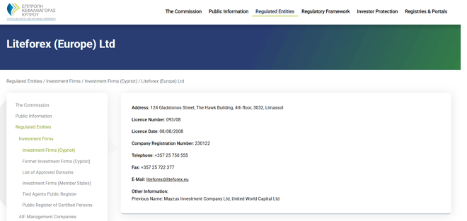 Liteforex (Europe) Ltd’s licensing info at cysec.gov.cy