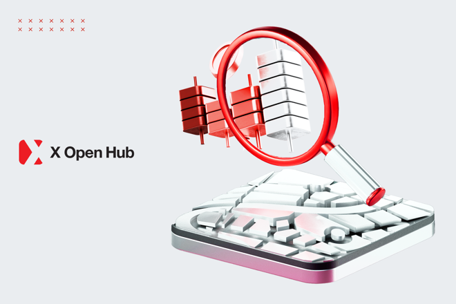 X Open Hub logo and magnifying glass. FX Empire