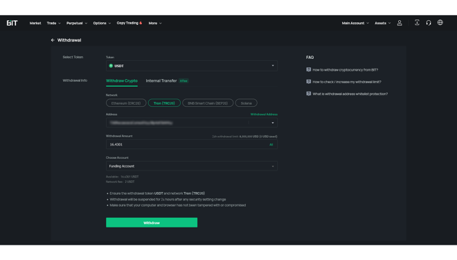 Crypto withdrawal process on BIT.com