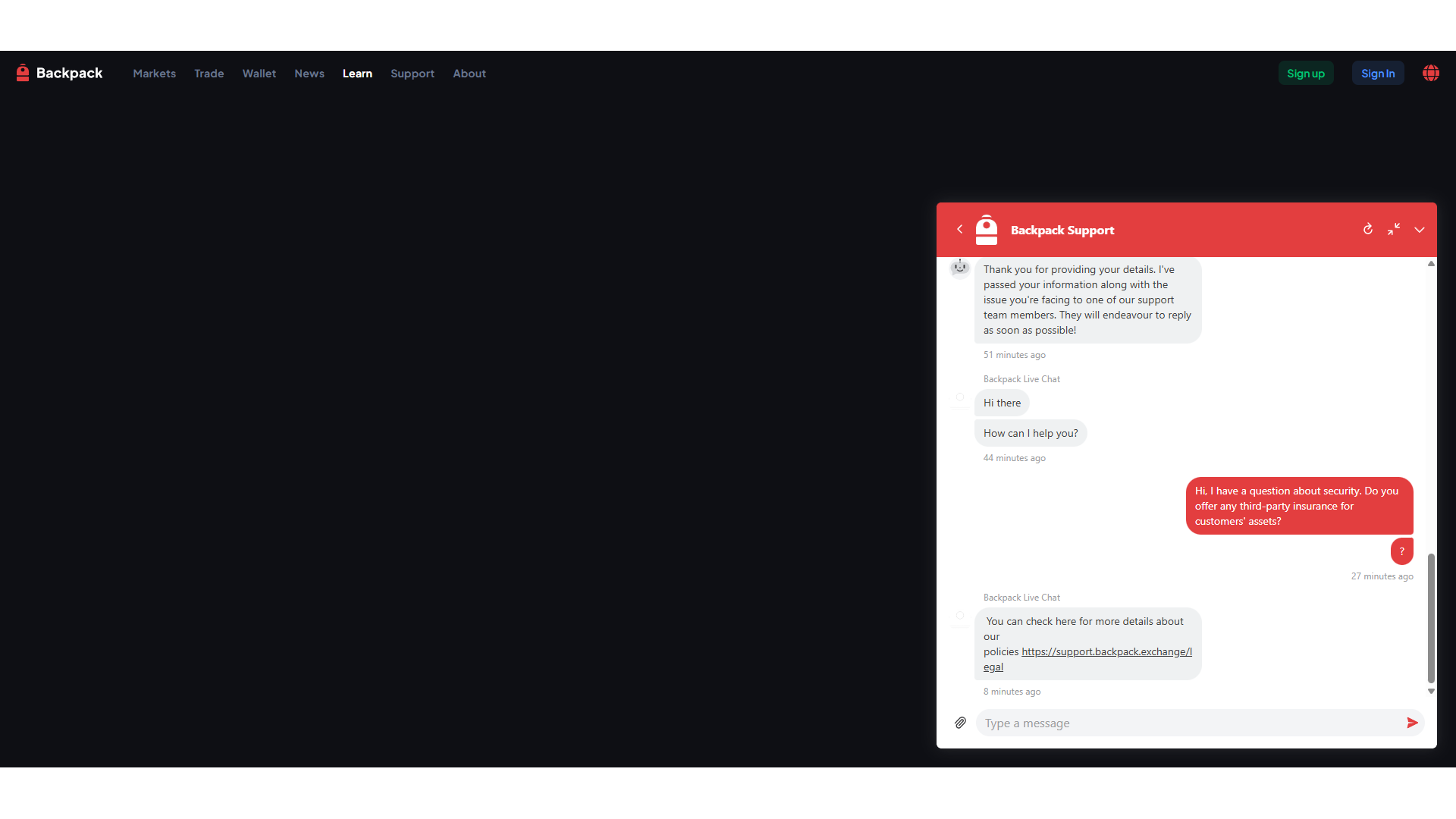 Servizio clienti di Backpack tramite live chat