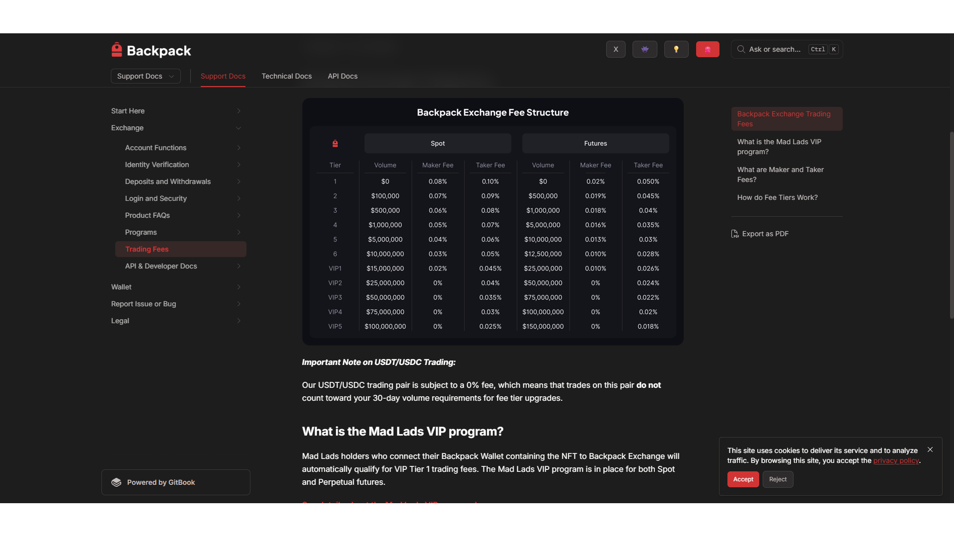 Commissioni di trading futures su Backpack