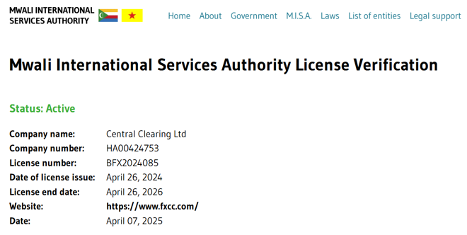 Central Clearing Ltd’s licensing info at mwaliregistar.com