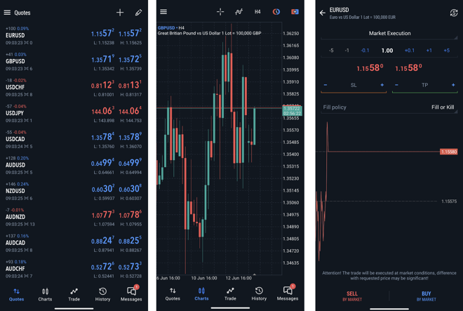 Watchlist of selected instruments (1), chart window (2), order placing window (3)