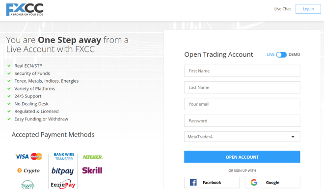 FXCC’s account registration form