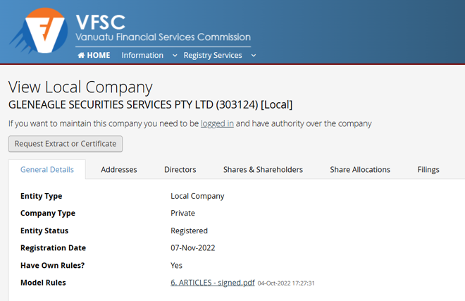 Gleneagle Securities Pty Limited’s licensing info at vfsc.vu