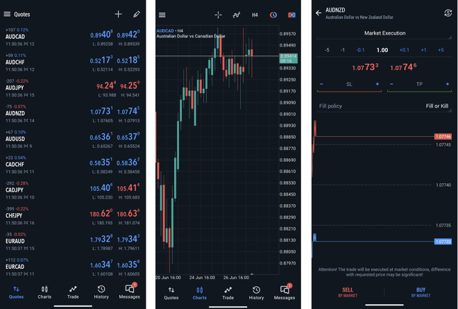 Watchlist of selected instruments (1), chart window (2), order placing window (3)