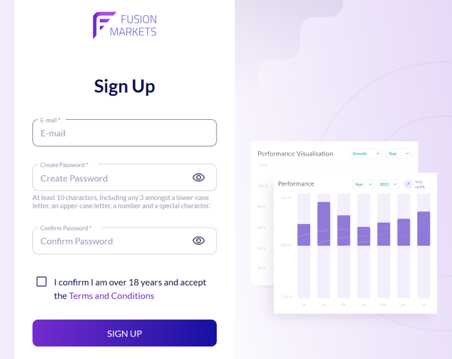 Fusion Markets’ account registration form