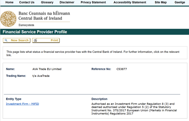 AVA Trade EU Ltd’s licensing info at registers.centralbank.ie