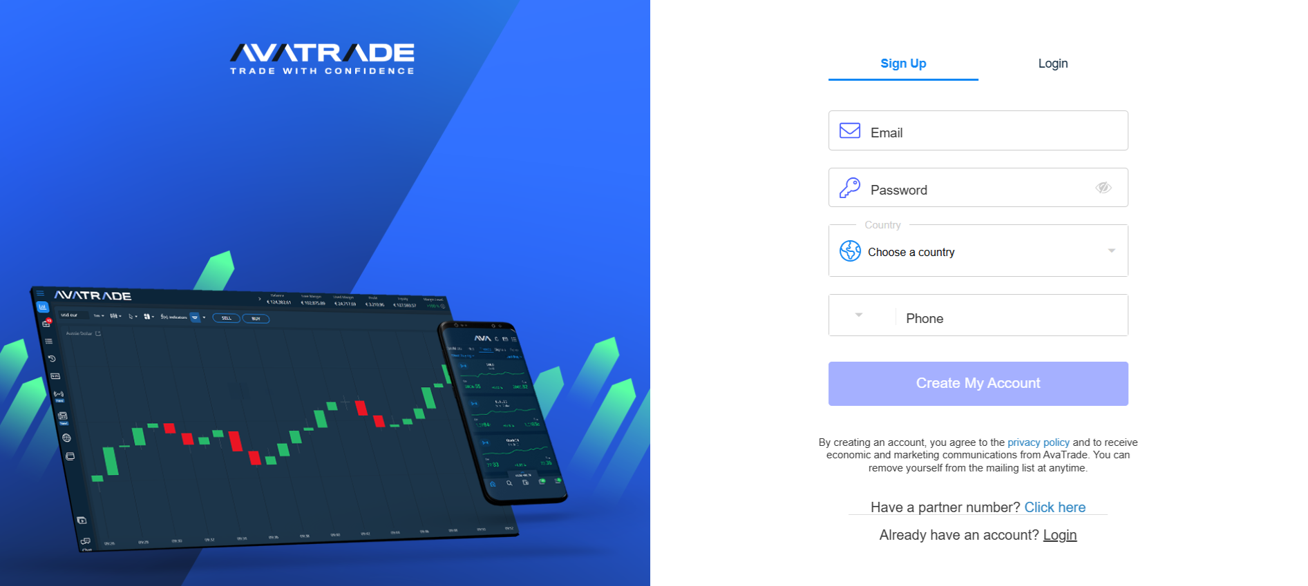AvaTrade’s account registration form