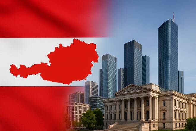Austrian flag and buildings. FX Empire