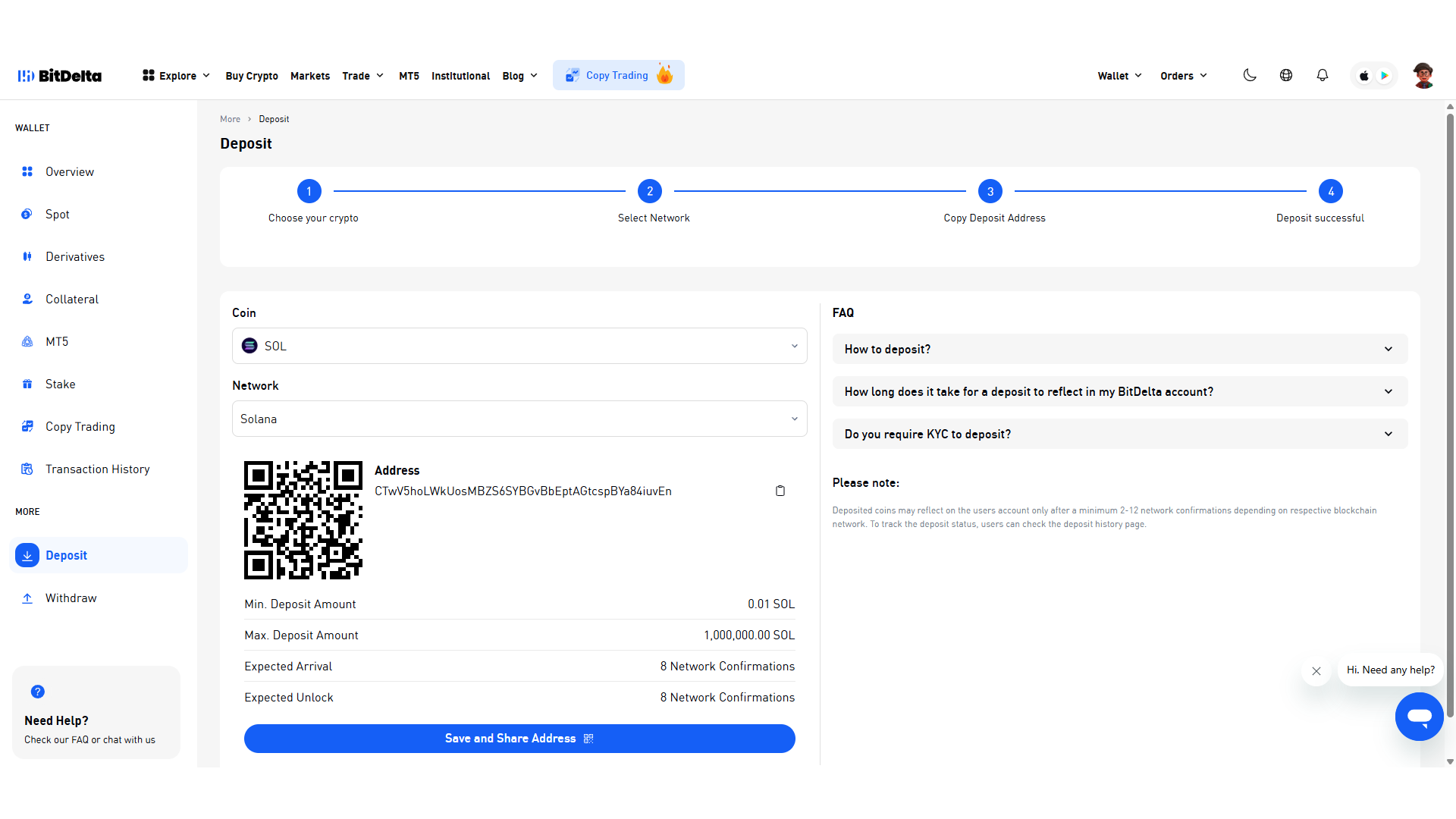 Una procedura di deposito di criptovalute su BitDelta