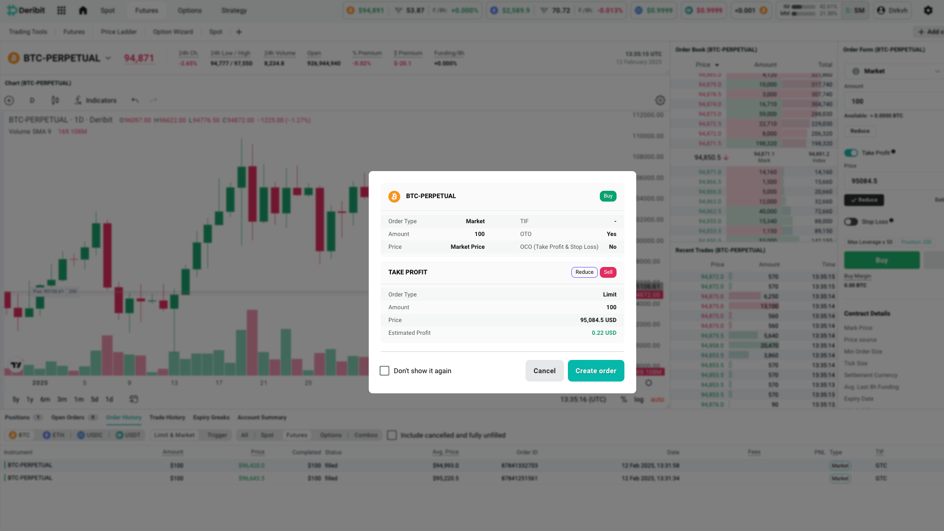 L’ordine su BTC-Perpetual al prezzo di mercato