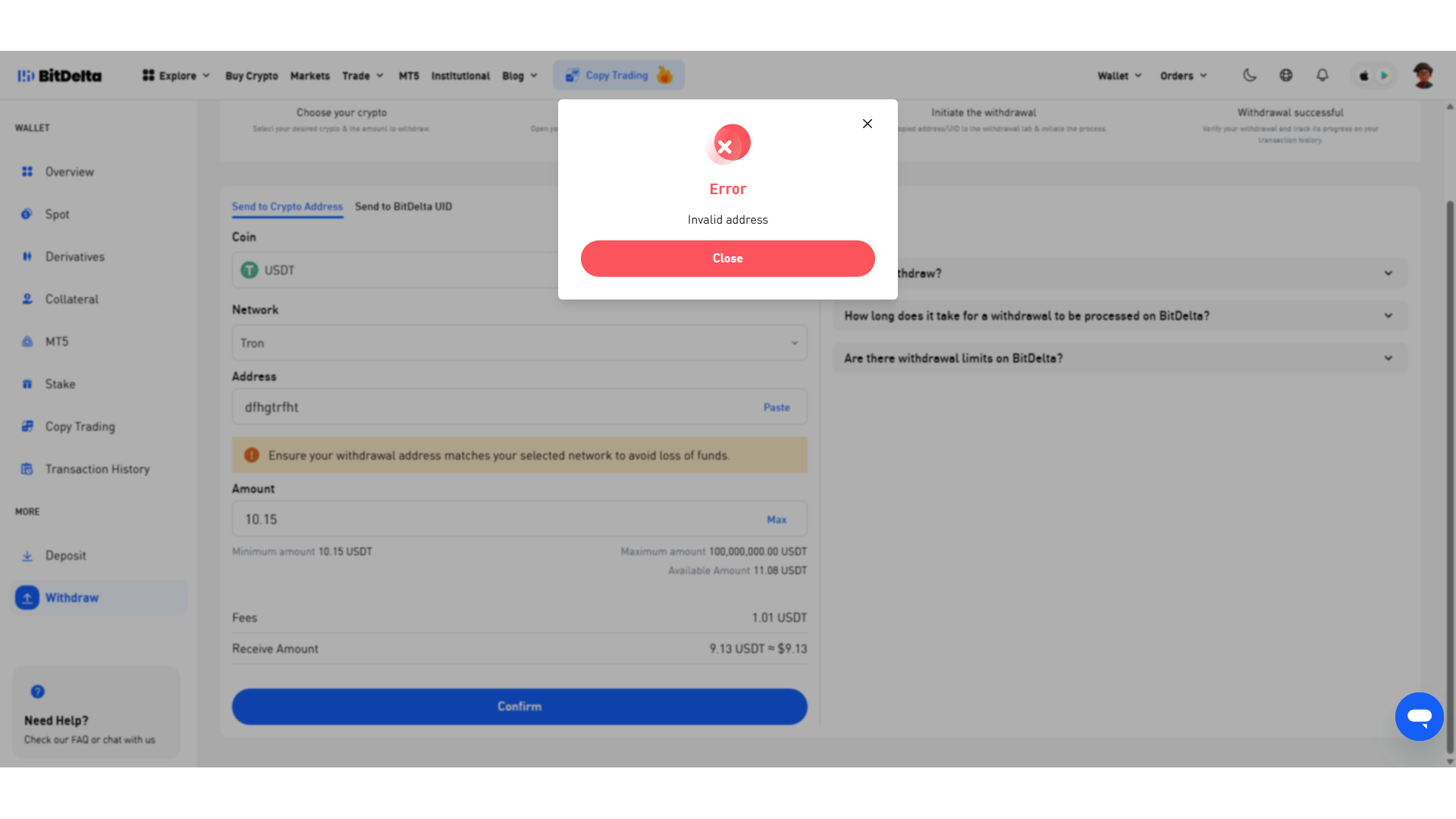 Interfaccia di prelievo su BitDelta