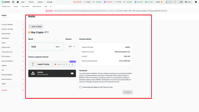 Buying cryptocurrencies at Deribit