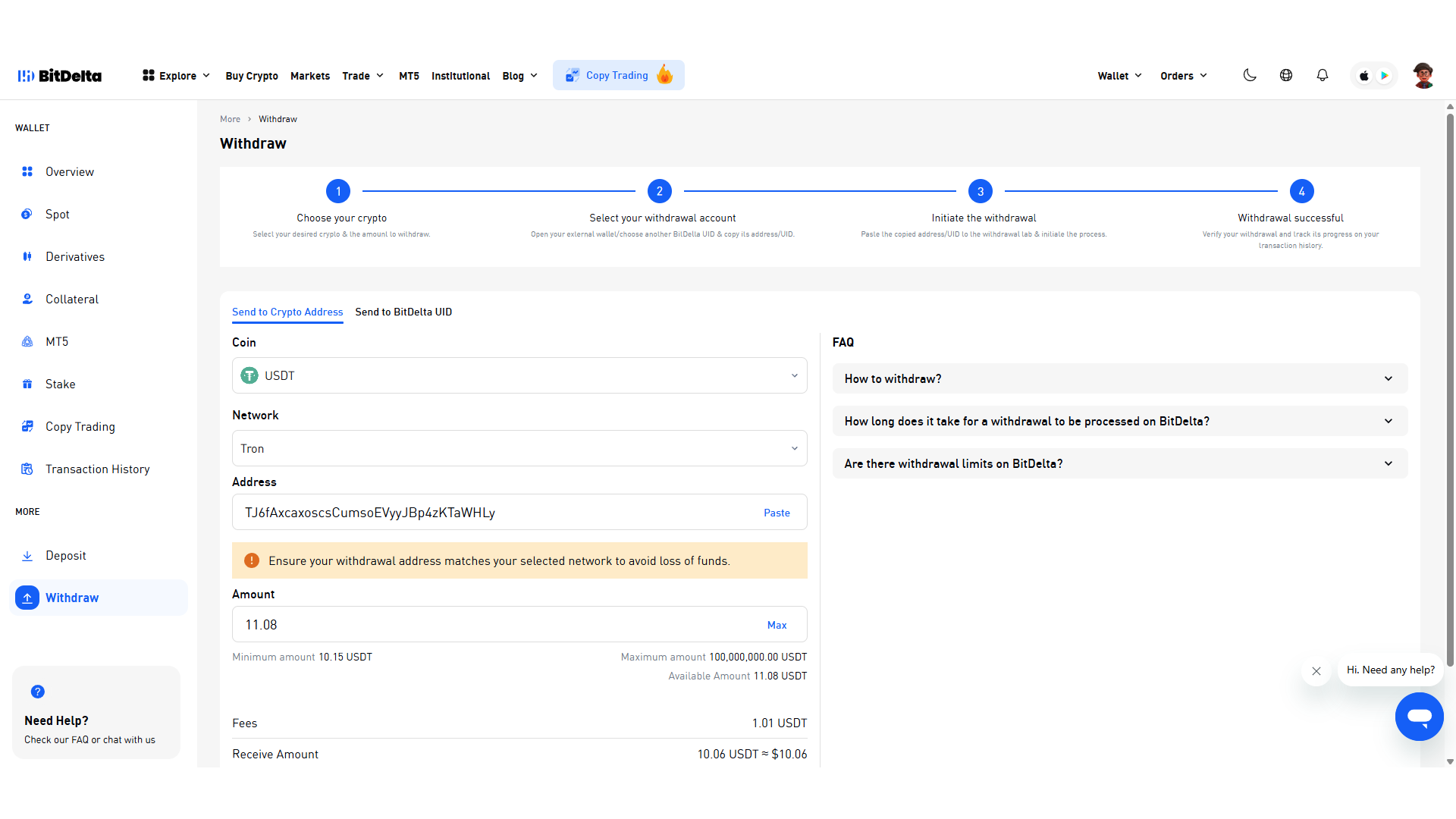 Prelievo di criptovalute su BitDelta