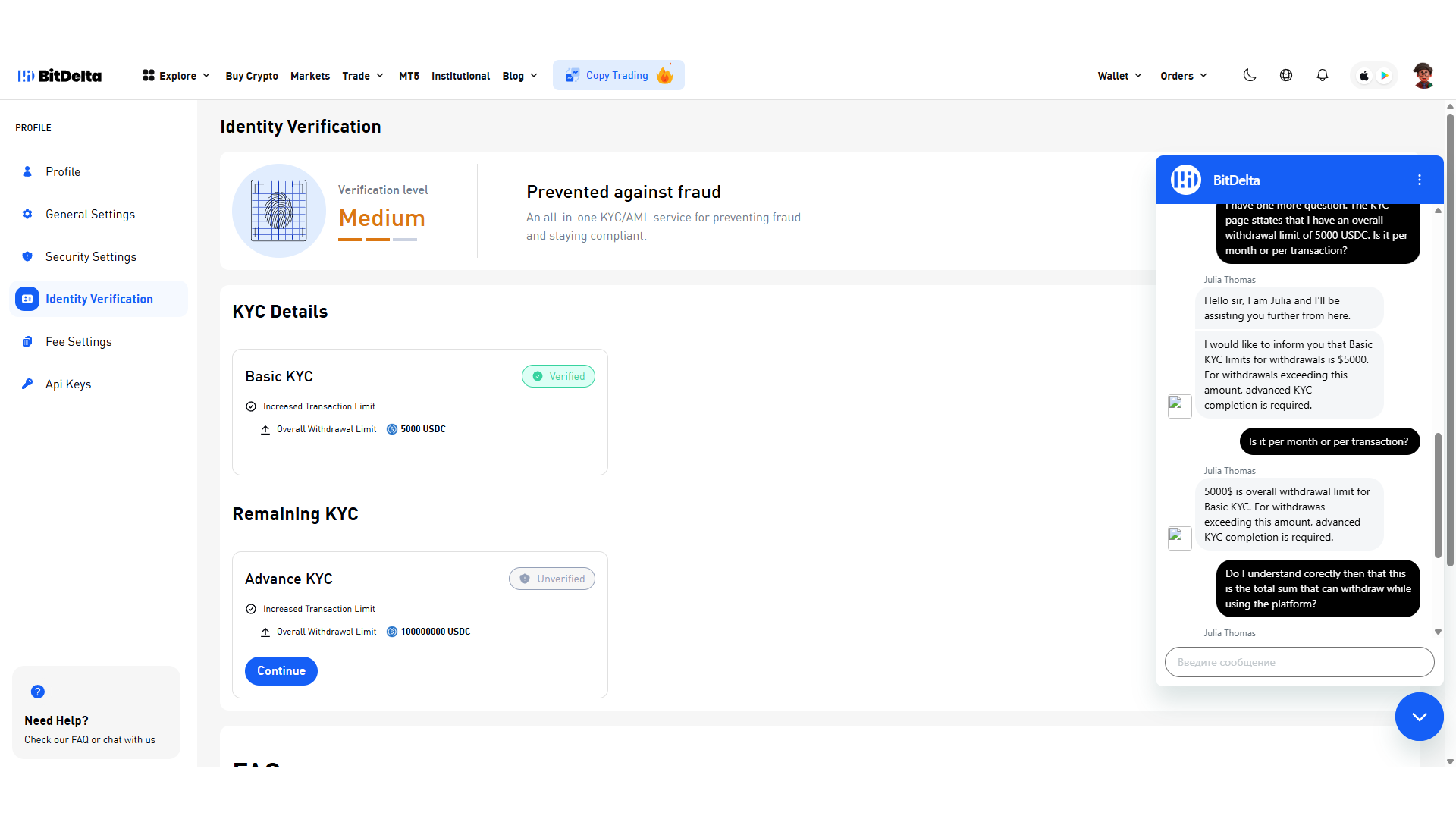 La mia conversazione con la live chat del servizio clienti di BitDelta
