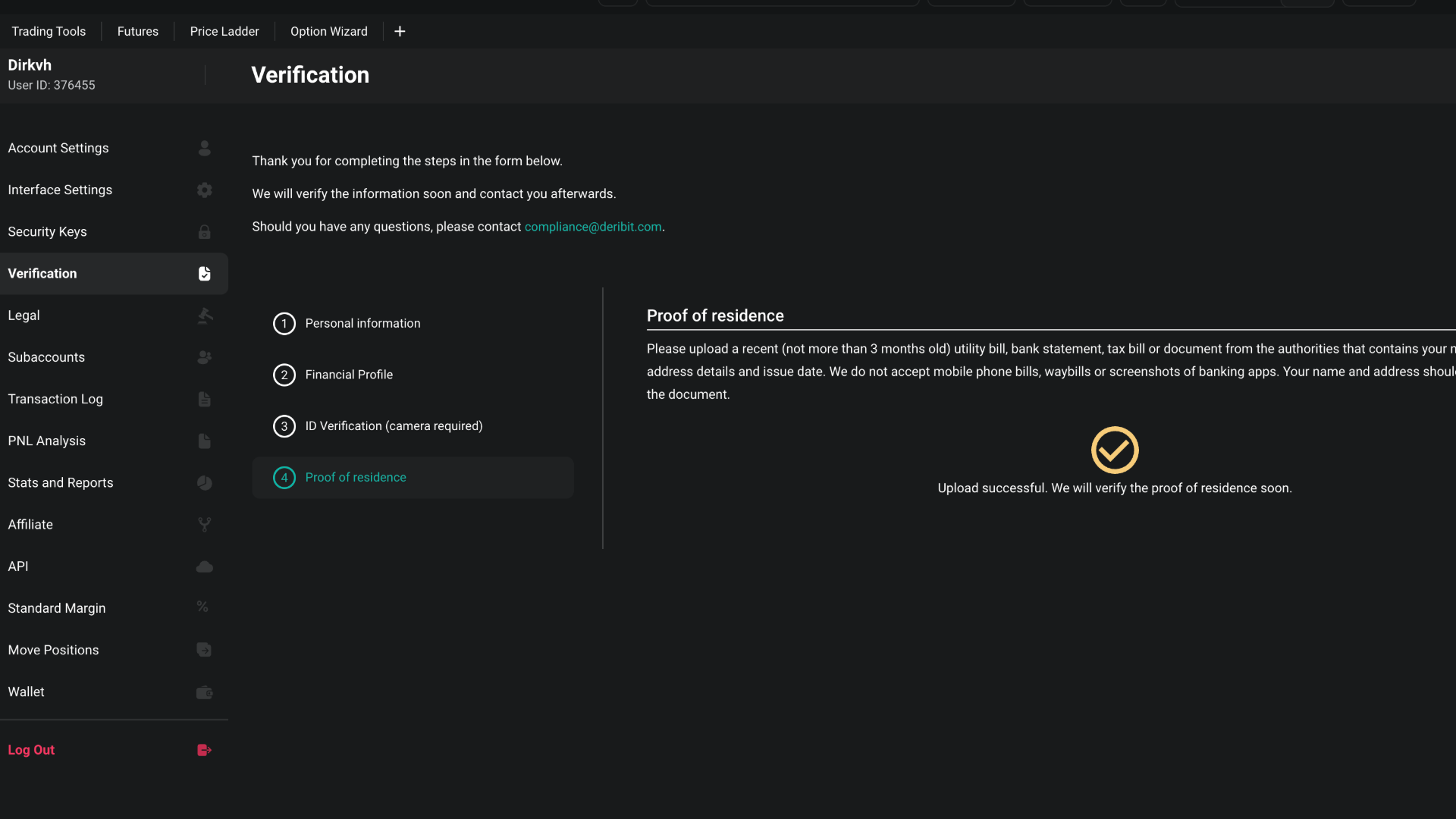 La verifica KYC dell’indirizzo su Deribit