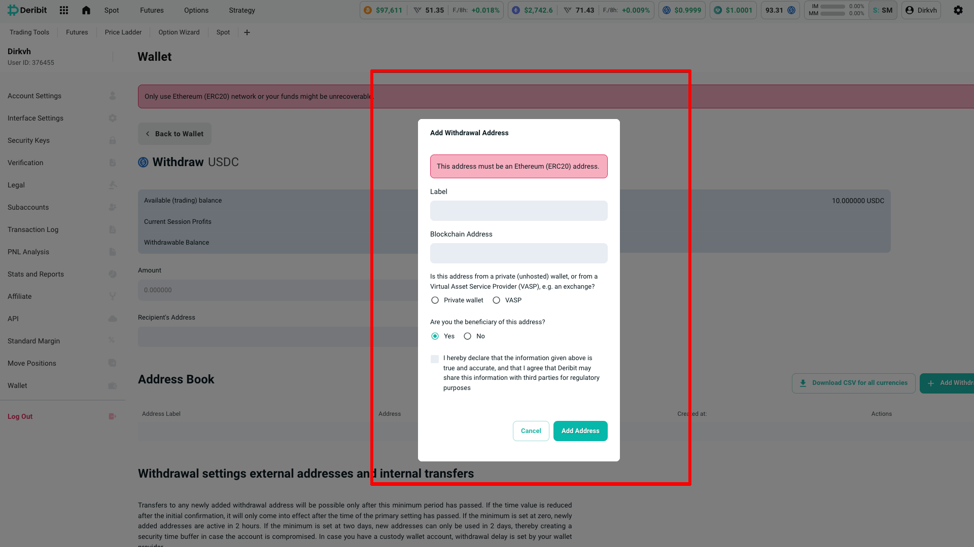 L’indirizzo nella whitelist di Deribit