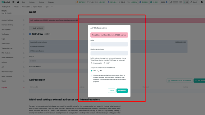 Deribit Address Whitelisting
