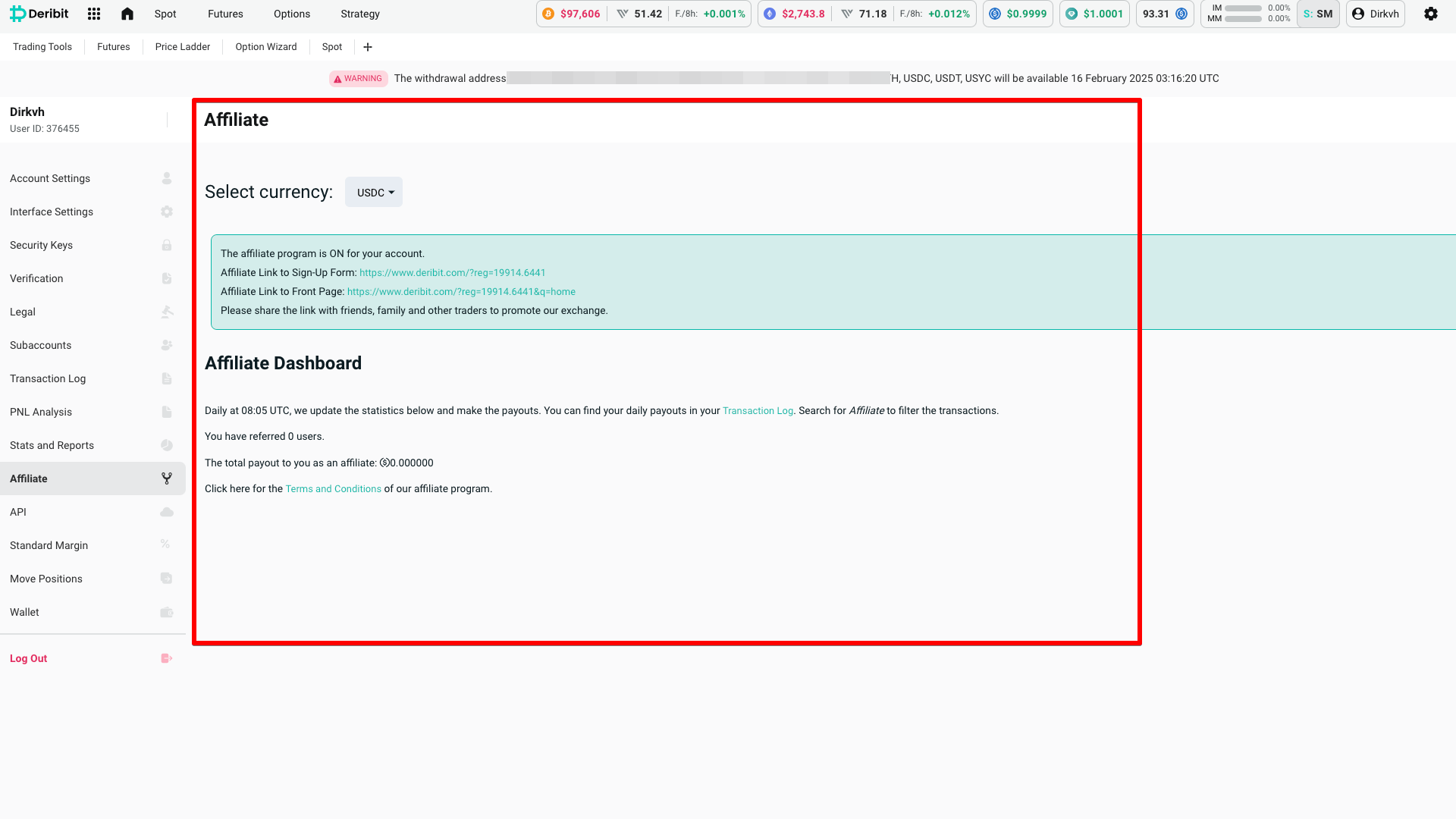La pagina di affiliazione di Deribit