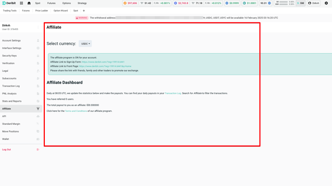 Deribit Affiliate page