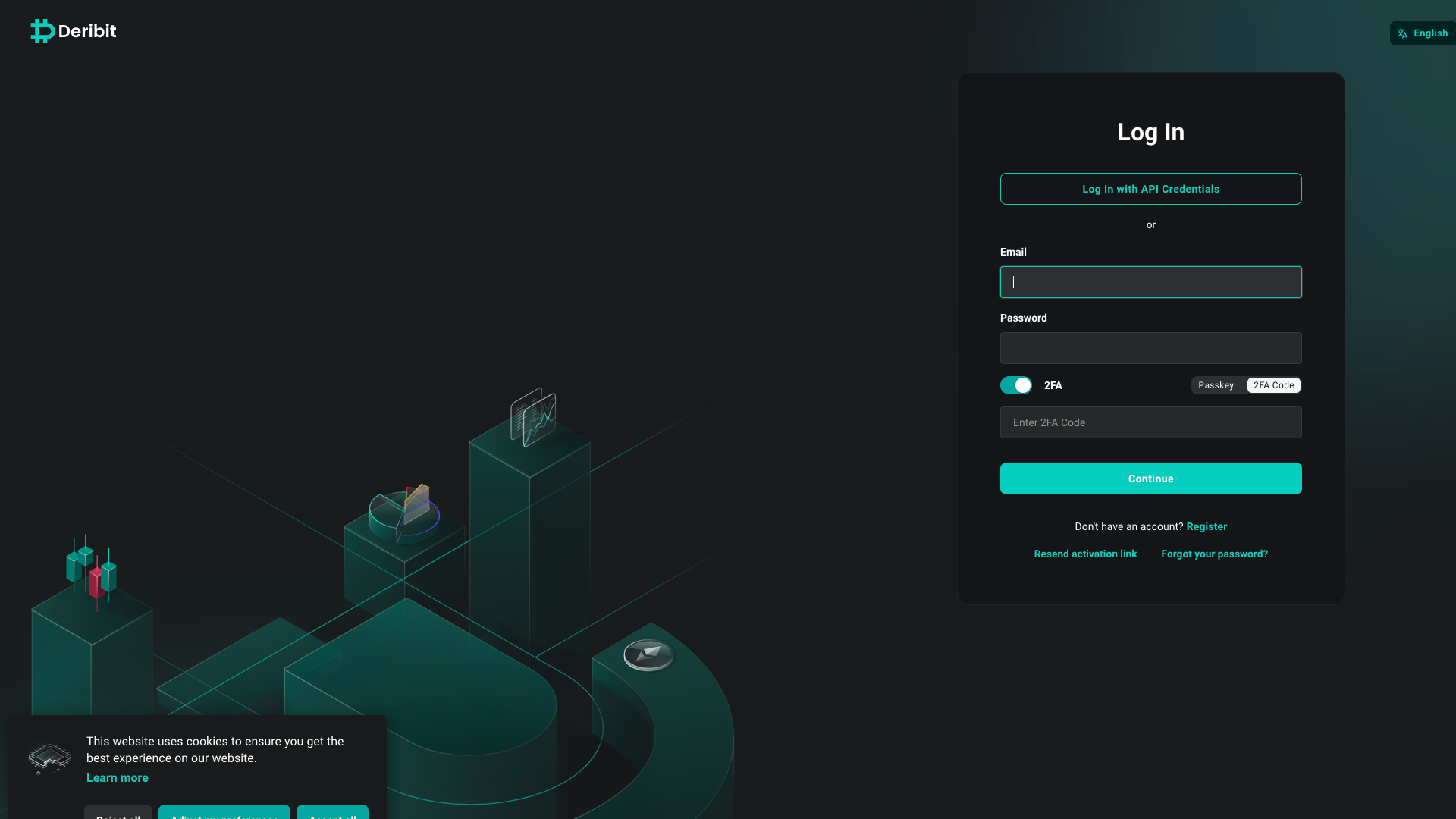 La pagina di accesso di Deribit